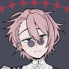 a cropped picrew with pink hair and small round glasses, looking slightly perturbed and tired
