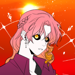 a picrew of someone with pink and ginger hair and black/gold eyes